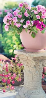 Pink flowers in decorative pot in garden.