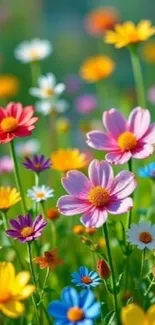 Colorful wildflowers in a vibrant green garden with pink, yellow, and blue blooms.