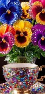 Vibrant wallpaper of jeweled flowers and teacup.