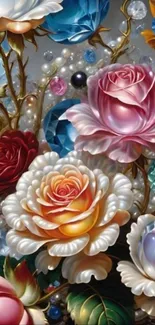 Vibrant floral wallpaper with colorful roses and gems.