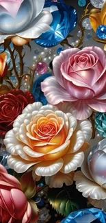 Colorful roses and gems create a decorative mobile phone wallpaper.