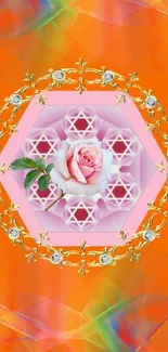 Orange wallpaper with a geometric floral pink rose centerpiece.