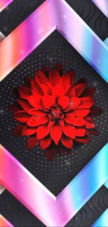 Vibrant red flower with geometric rainbow patterns on a dark background.