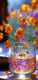 Orange and purple flowers in a glass vase.