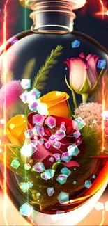 Artistic glass vase with vibrant flowers displayed as a mobile wallpaper.