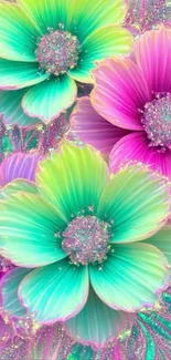 Vibrant glittery floral wallpaper with colorful flowers.