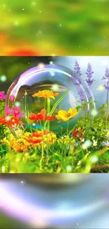 Vibrant wallpaper with flowers inside a bubble and green garden.