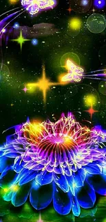 Vibrant neon flower with glowing butterflies.