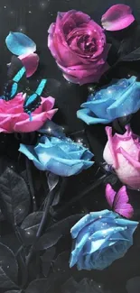 Enchanting blue and pink roses with butterflies on a dark background.