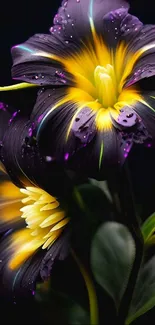 Luminous purple and yellow flower with glowing petals and green leaves.