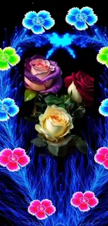 Vibrant neon flowers and glowing roses on black background.