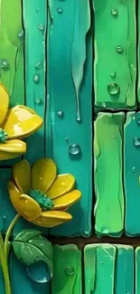 Vibrant yellow flowers on green wooden texture.