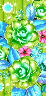 Vibrant green and blue floral wallpaper with roses on a wooden background.