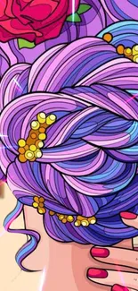 Vibrant and colorful floral hair art illustration with purple hues.