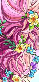 Whimsical pink floral hair design in vibrant colors for mobile wallpaper.