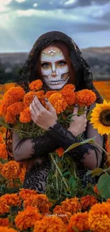 Woman with Halloween makeup in a field of marigolds.