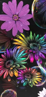 Abstract floral wallpaper with vivid colors and glowing bubbles.