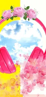 Vibrant pink headphones with a floral and musical theme on a yellow background.