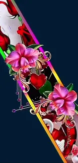 Colorful floral and heart design wallpaper.