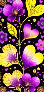 Vibrant floral heart design wallpaper in purple and yellow hues.