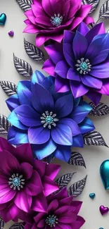 Vibrant purple and blue flowers with hearts design.