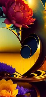Vibrant floral heart with abstract design and warm colors.