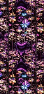 Colorful heart and floral pattern wallpaper, vibrant and decorative design.