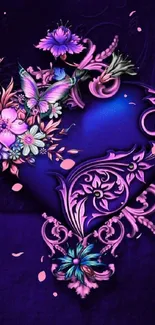 Intricate purple floral heart wallpaper with vibrant flowers and butterflies.