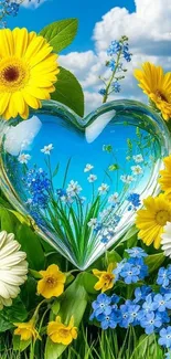 Floral heart with yellow and blue flowers under a bright sky.