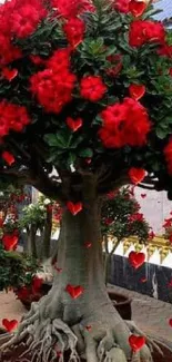 Vibrant tree with red flowers and hearts.