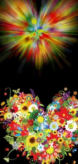 Vibrant floral heart with colors on black background, perfect for mobile wallpaper.