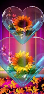 Sunflowers encased in glowing heart with vibrant colors and gradient background.