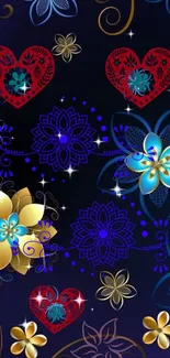 Colorful floral heart wallpaper with blue and gold flowers on a dark background.