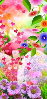 Vibrant flowers and hearts mobile wallpaper with pink and green hues.