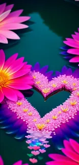 Vibrant pink flowers form a heart on a green background.