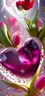 Mobile wallpaper with pink tulips and a glass heart.