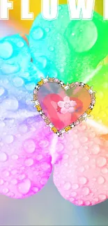 Colorful flower with water droplets and a heart, vibrant mobile wallpaper.