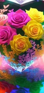 Heart-shaped floral design with colorful roses and neon lights.