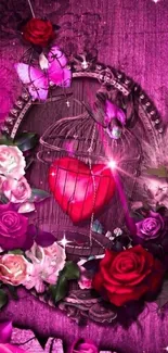 Vibrant heart in a floral cage with roses and butterflies.