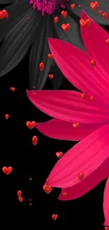 Vibrant wallpaper with pink flowers and red hearts on a black background.