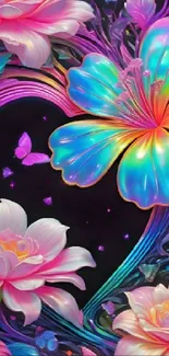 Vibrant floral heart wallpaper with colorful orchids and butterflies.