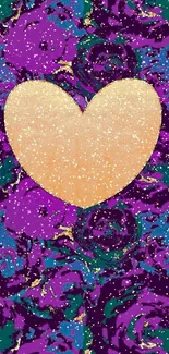 Vibrant wallpaper featuring a golden heart over a purple floral pattern.