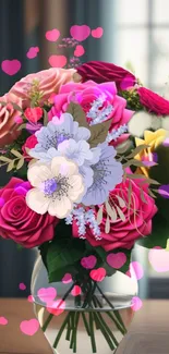 A bouquet of vibrant roses with hearts on a blurred background.