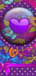 Colorful floral heart wallpaper with purple accents and vibrant flowers.