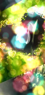 Vibrant wallpaper with floral and heart bokeh design.