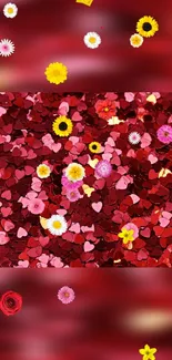 Colorful flower and red heart wallpaper with vibrant design.