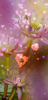 Lotus flowers with glowing hearts wallpaper on mobile