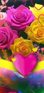 Vibrant floral wallpaper with pink and yellow roses and heart motifs.