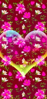 Colorful heart and flowers on red background wallpaper.