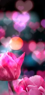 Pink tulip with glowing heart bokeh background.